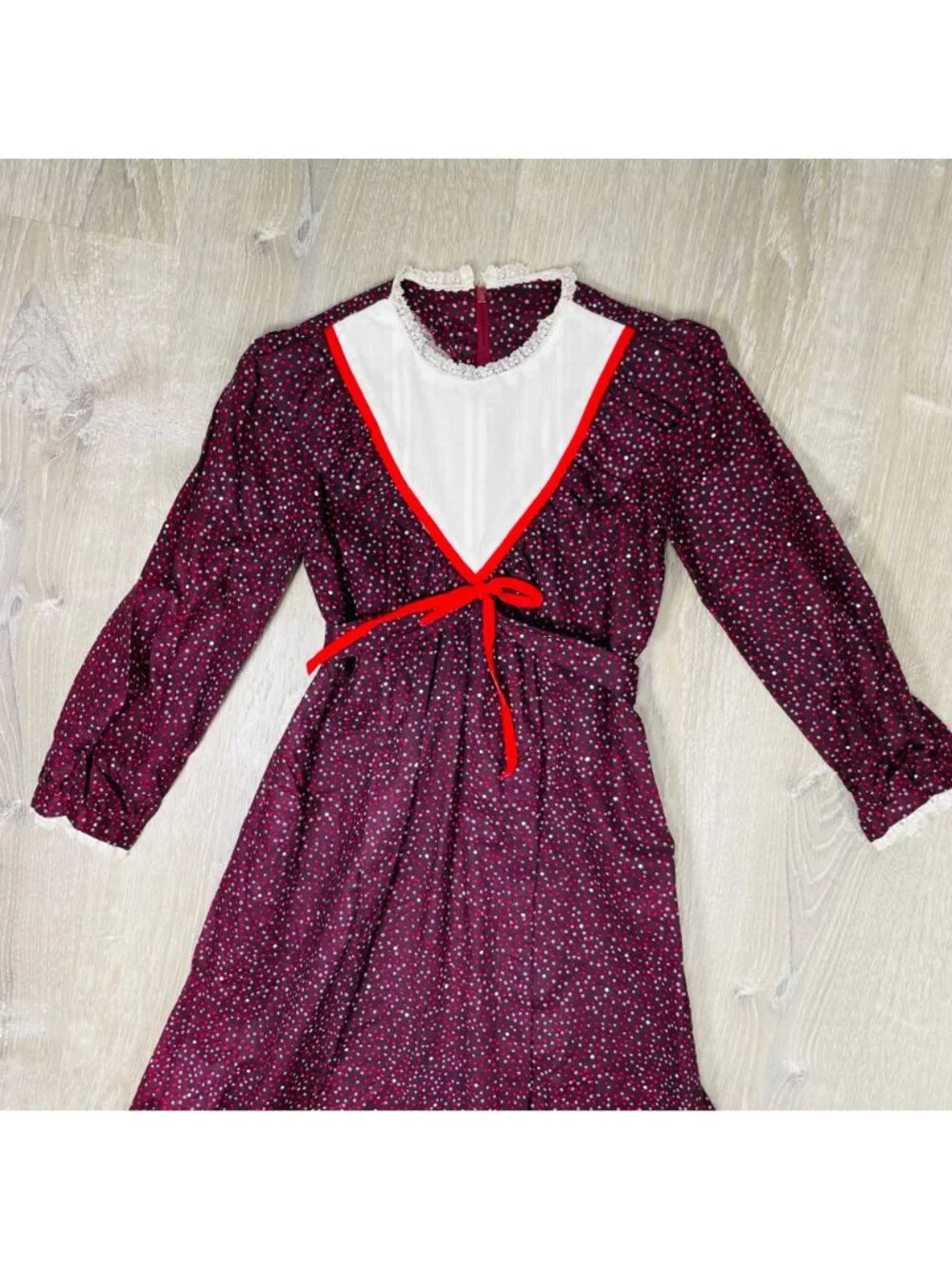 Vintage 70s 80s Girls Polka Dot Cottagecore Long Sleeve Prairie Dress 6 - 7